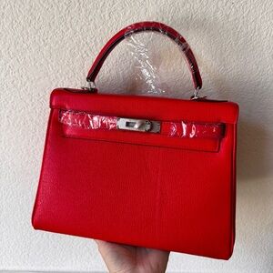 *READ LEATHER INSIDE & OUT | Red 28 Belted KL Top Handle Bag w/ Silver HW